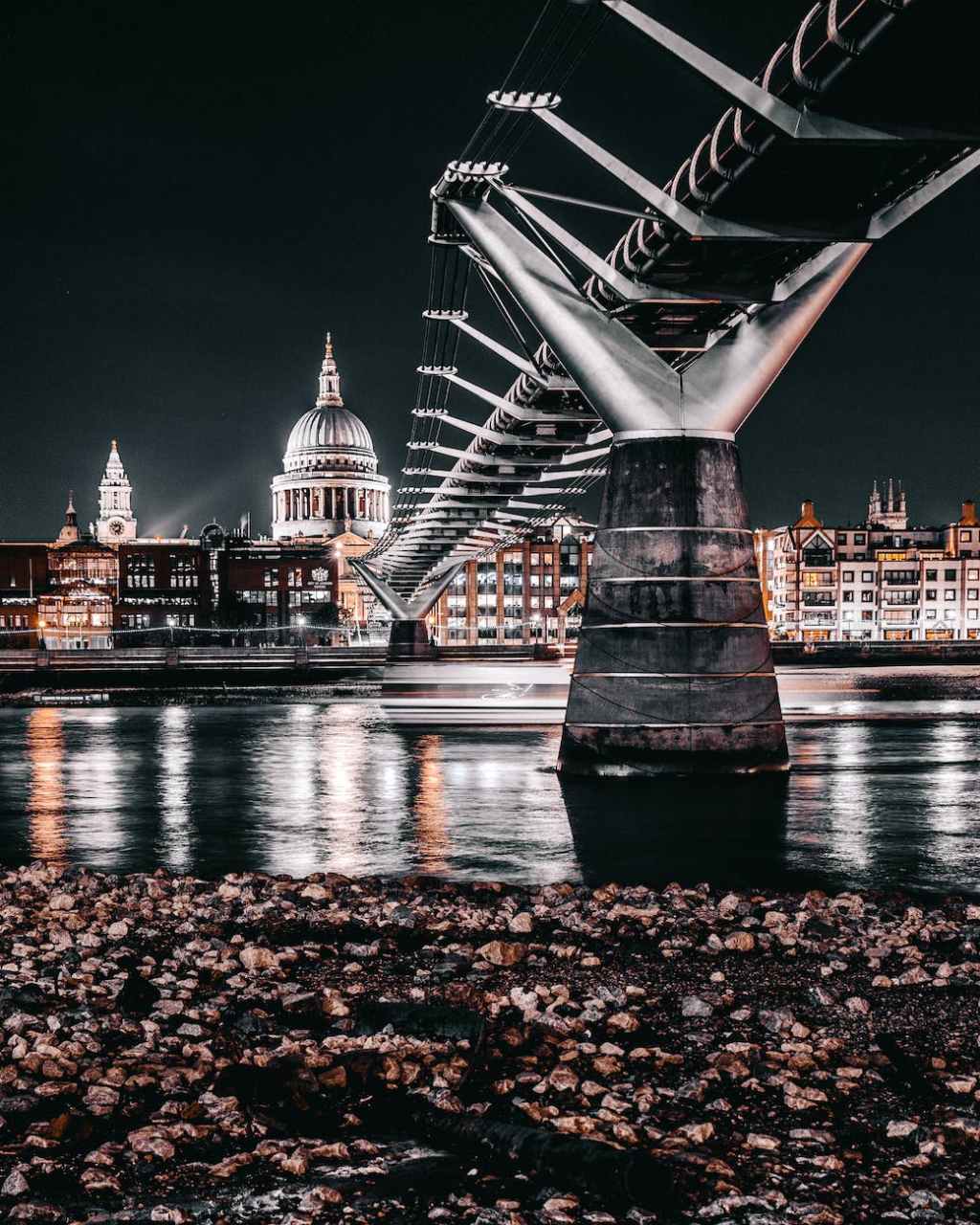 grayscale photography of bridge during nighttime